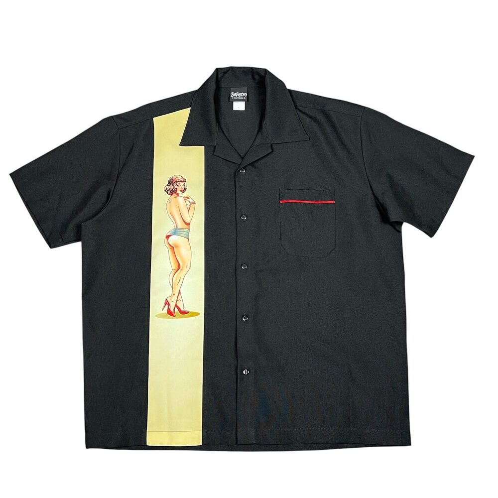 BeRetro XL Black Retro Bowling Shirt Pin Up girl Rockabilly USA Made Camp